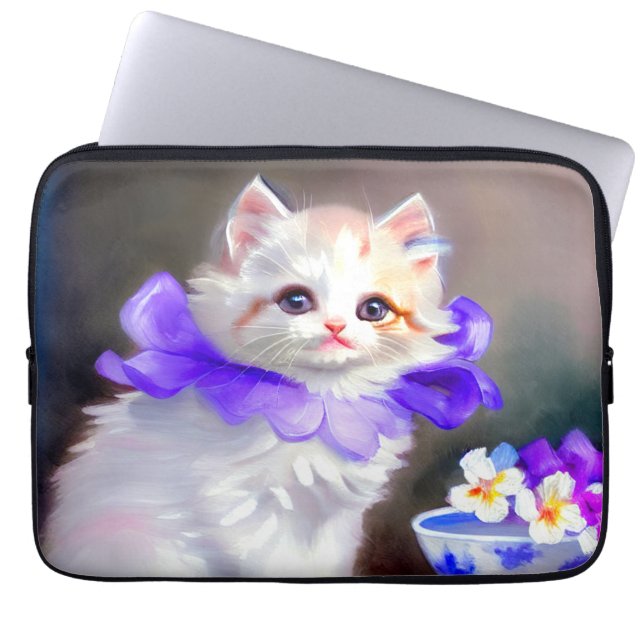 Witte kat met Paarse bloemkraag Laptop Sleeve (Voorkant)