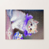 Witte kat met Paarse bloemkraag Legpuzzel (Horizontaal)