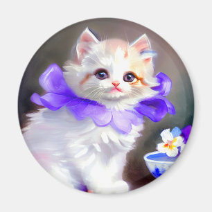 Witte kat met Paarse bloemkraag Magneet