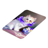 Witte kat met Paarse bloemkraag Magneet (Linkerzijde)