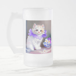 Witte kat met Paarse bloemkraag Matglas Bierpul