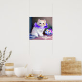 Witte kat met Paarse bloemkraag Poster (Keuken)