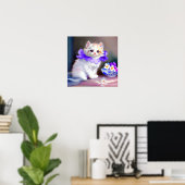Witte kat met Paarse bloemkraag Poster (Thuiskantoor)