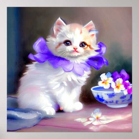 Witte kat met Paarse bloemkraag Poster (Voorkant)