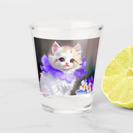 Witte kat met Paarse bloemkraag Shot Glas (Voorkant)