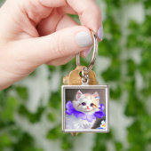 Witte kat met Paarse bloemkraag Sleutelhanger (Hand)