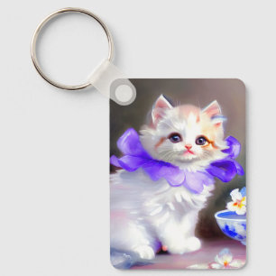 Witte kat met Paarse bloemkraag Sleutelhanger