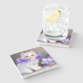 Witte kat met Paarse bloemkraag Stenen Onderzetter (Zijkant)