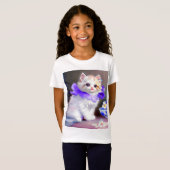 Witte kat met Paarse bloemkraag T-shirt (Voorkant volledig)