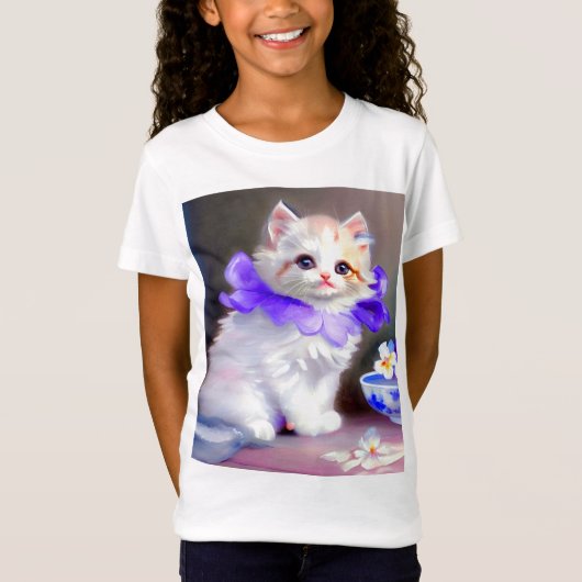 Witte kat met Paarse bloemkraag T-shirt (Voorkant)