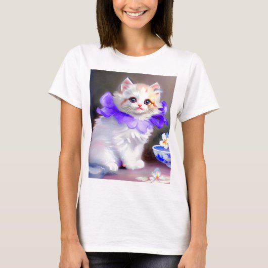 Witte kat met Paarse bloemkraag T-shirt (Voorkant)