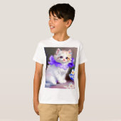 Witte kat met Paarse bloemkraag T-shirt (Voorkant volledig)