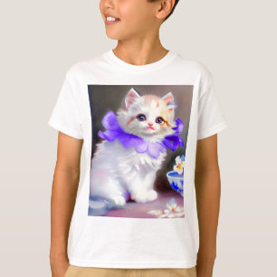 Witte kat met Paarse bloemkraag T-shirt