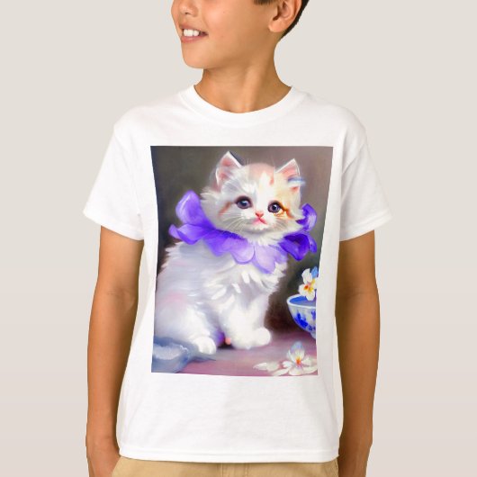 Witte kat met Paarse bloemkraag T-shirt (Voorkant)