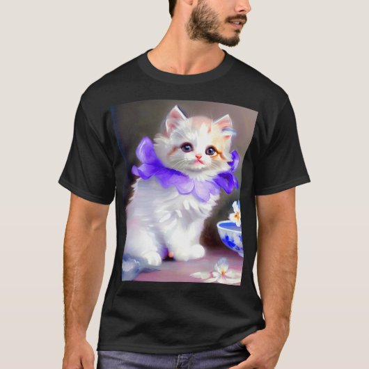 Witte kat met Paarse bloemkraag T-shirt (Voorkant)