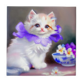 Witte kat met Paarse bloemkraag Tegeltje (Voorkant)