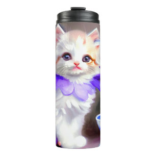 Witte kat met Paarse bloemkraag Thermosbeker