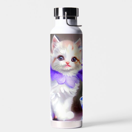 Witte kat met Paarse bloemkraag Waterfles (Links)