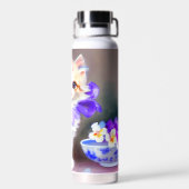 Witte kat met Paarse bloemkraag Waterfles (Achterkant)