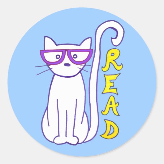Witte kat met Paarse glazen als leesteken Ronde Sticker (Voorkant)