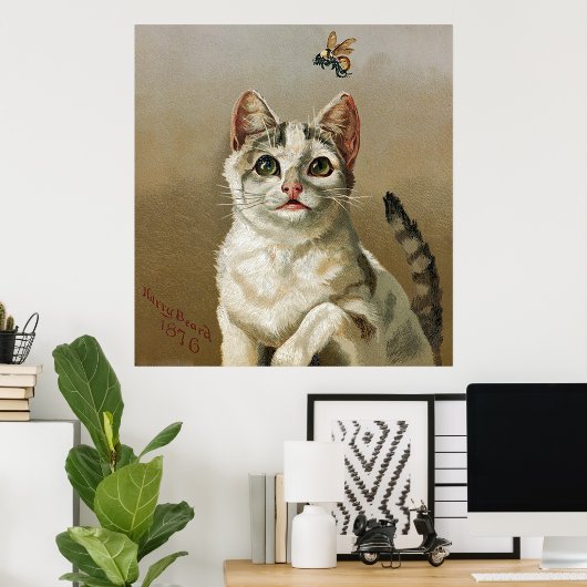  witte kat met Poster voor bijenkunst (Thuiskantoor)