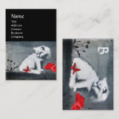 WITTE KAT MET RODE VLINDER MONOGRAM ,parel Visitekaartje (Voorkant / Achterkant)