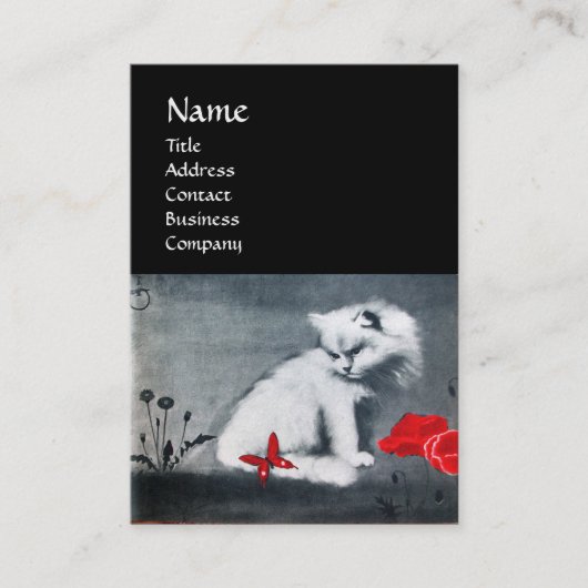 WITTE KAT MET RODE VLINDER MONOGRAM ,parel Visitekaartje (Voorkant)
