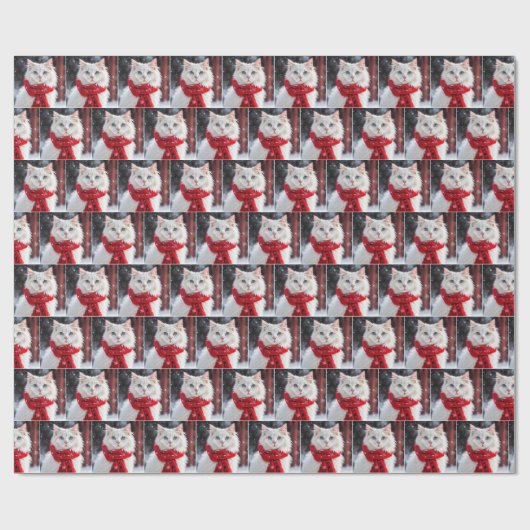 Witte kat met rode wintersjaal cadeaupapier (Vlak)
