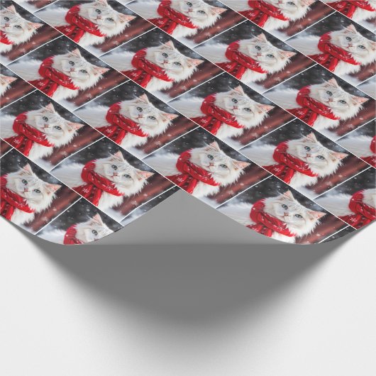 Witte kat met rode wintersjaal cadeaupapier (Hoek)