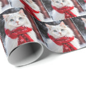 Witte kat met rode wintersjaal cadeaupapier (Rol Hoek)