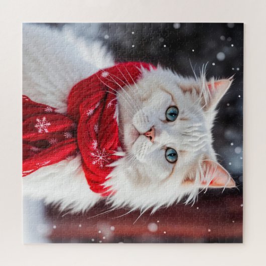 Witte kat met rode wintersjaal legpuzzel (Horizontaal)