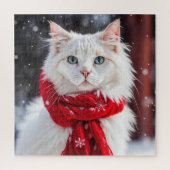 Witte kat met rode wintersjaal legpuzzel (Verticaal)