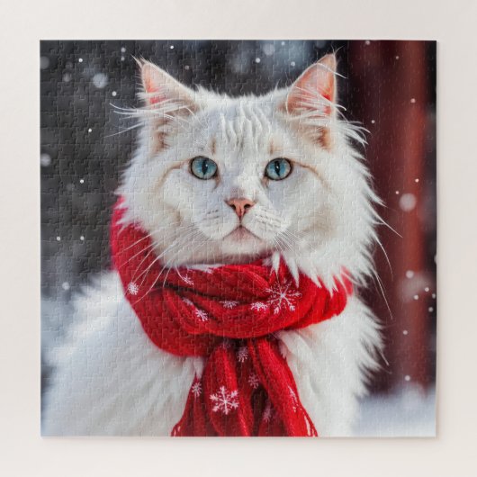 Witte kat met rode wintersjaal legpuzzel (Verticaal)
