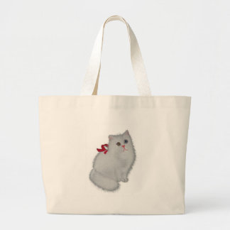 Witte kat met rood lintje grote tote bag