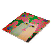 Witte Kat met Roze Bloemen Abstract Schilderij Tegeltje (Zijkant)