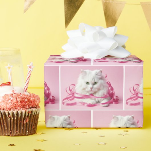 Witte Kat met Roze Boog Cadeaupapier (Verjaardagsfeest)