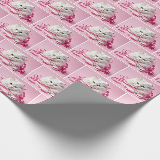 Witte Kat met Roze Boog Cadeaupapier (Hoek)