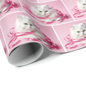 Witte Kat met Roze Boog Cadeaupapier (Rol Hoek)