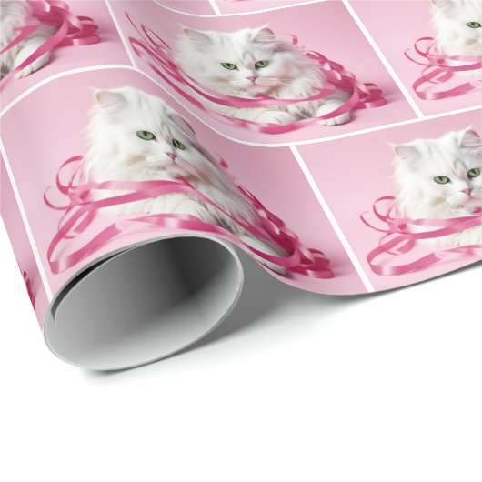 Witte Kat met Roze Boog Cadeaupapier (Rol Hoek)