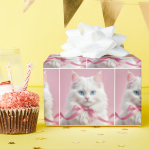 Witte Kat met Roze Boog Cadeaupapier