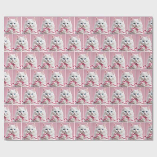 Witte Kat met Roze Boog Cadeaupapier (Vlak)