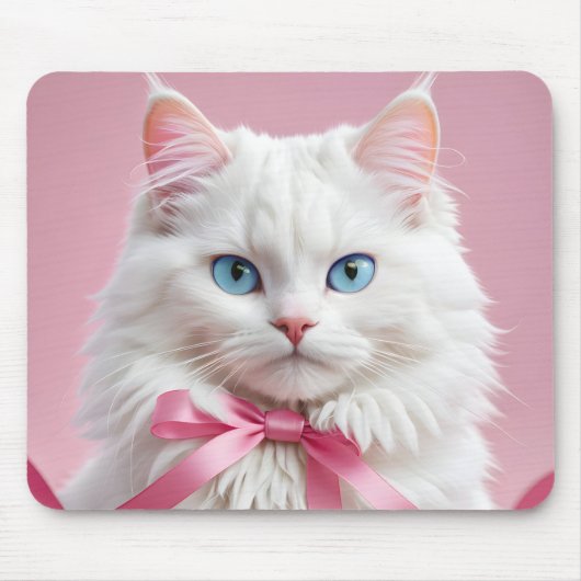 Witte Kat met Roze Lint Muismat (Voorkant)
