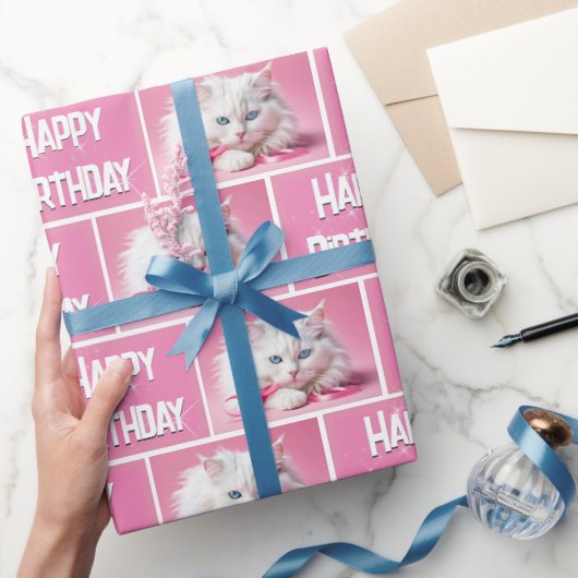 Witte kat met roze linten cadeaupapier (Geschenken)