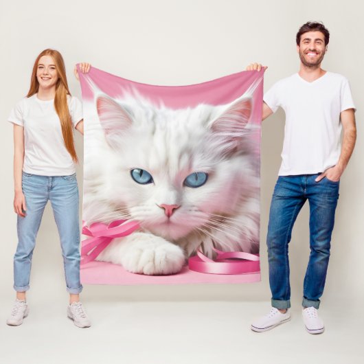 Witte Kat met Roze Linten Fleece Deken (In situ)