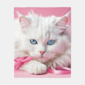 Witte Kat met Roze Linten Fleece Deken (Voorkant)