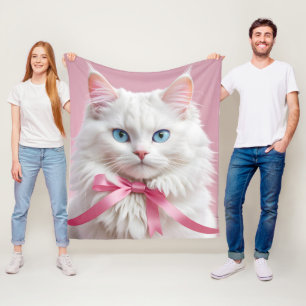 Witte Kat met Roze Linten Fleece Deken
