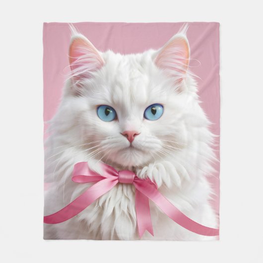 Witte Kat met Roze Linten Fleece Deken (Voorkant)