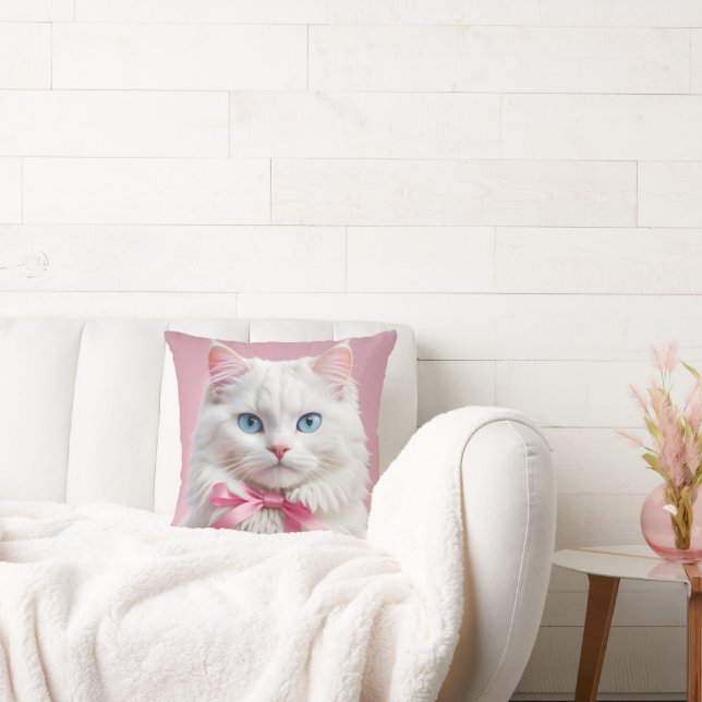 Witte Kat met Roze Linten Kussen (Bank)
