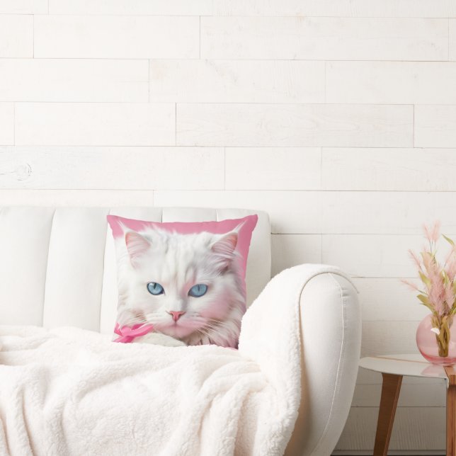 Witte kat met roze linten kussen (Bank)