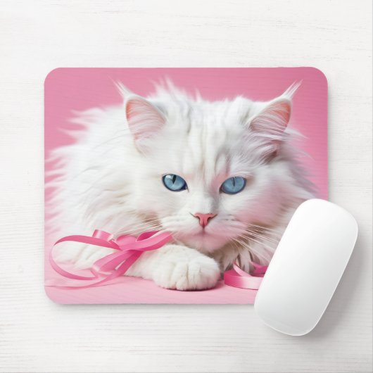Witte kat met roze linten muismat (Met muis)